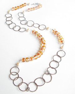Antiqued Copper, Sterling Silver, Pearl and Vintage Glass Asymmetrical Chain Necklace