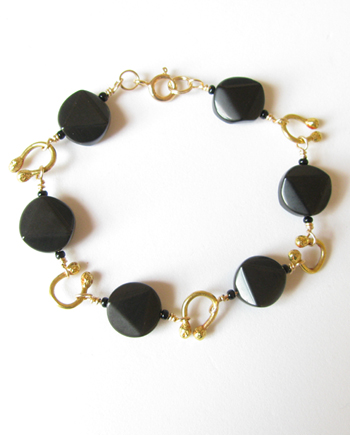 Black Obsidian & Brass Bracelet with Gold-Filled Clasp