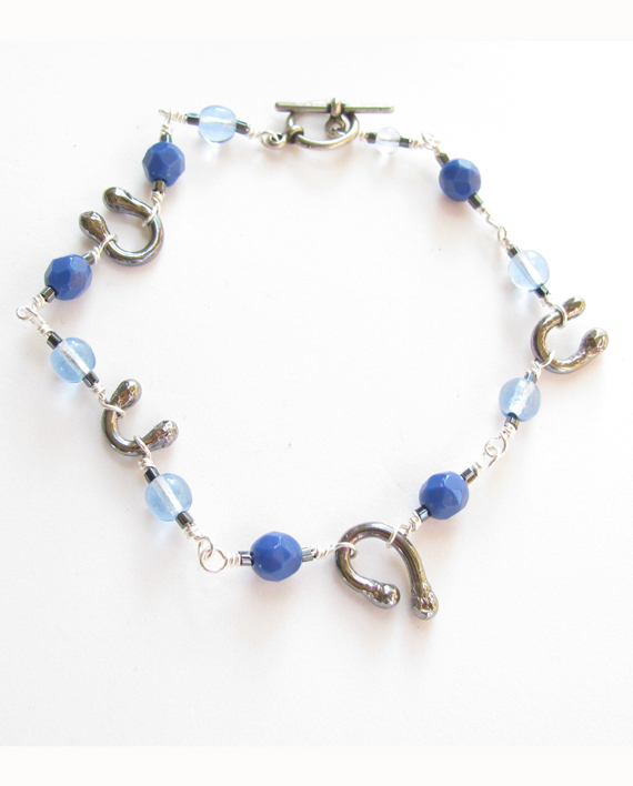 Blue Czechoslovakian Glass & Antiqued Sterling Silver Bracelet