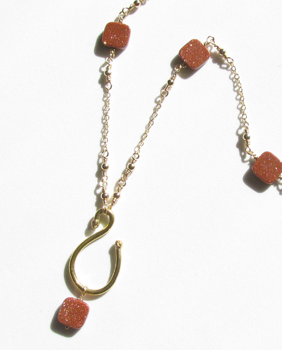Handforged Brass and Goldstone Necklace with Gold-Filled Chain and Clasp