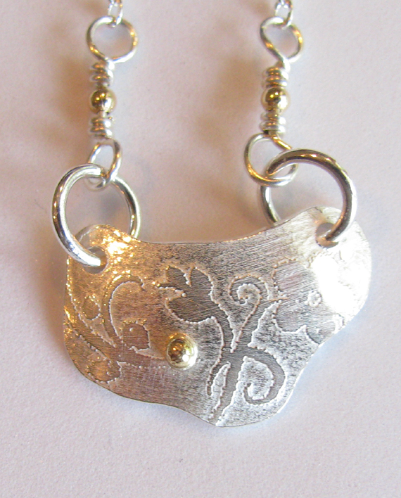Etched Sterling Silver and 14k Gold Floral Necklace