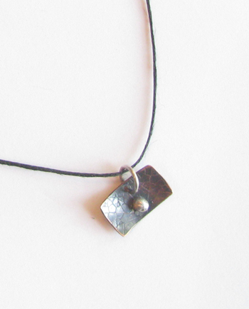 Etched Wide Antiqued Copper and Sterling Silver Pendant on Hemp Cord