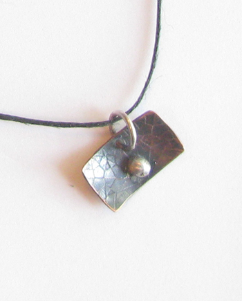 Etched Wide Antiqued Copper and Sterling Silver Pendant on Hemp Cord