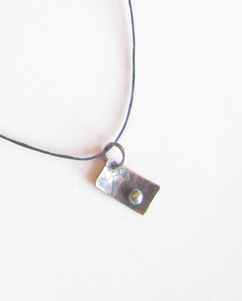 Etched Diagonal Antiqued Copper and Sterling Silver Pendant on Hemp Cord