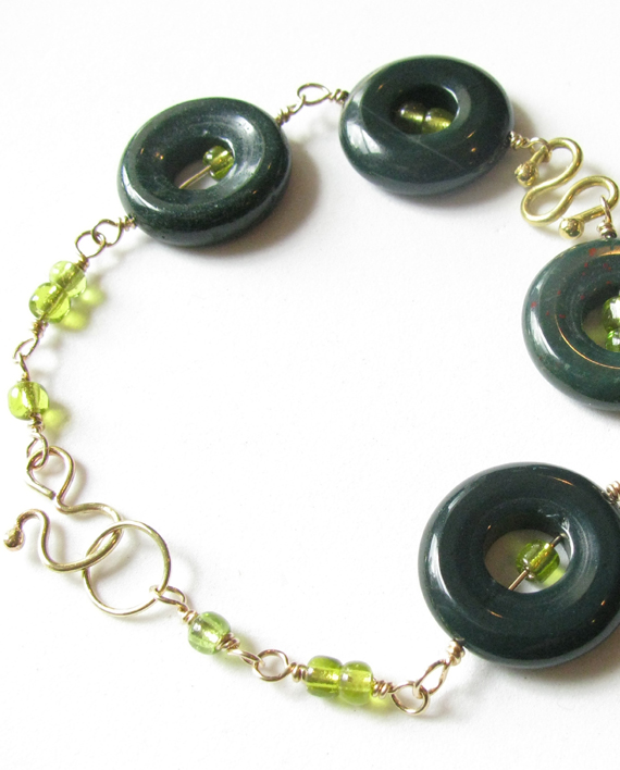 Fancy Green Jasper, Glass, Gold-Filled and Brass Bracelet