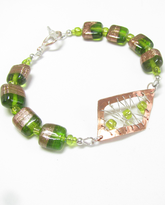 Etched and Stitched Copper, Sterling Silver, and Green Foil Glass Bracelet