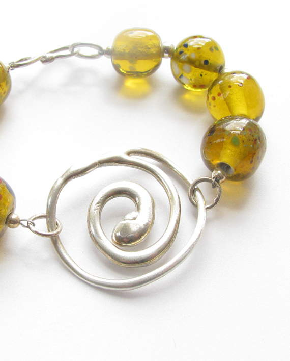 Abstract Cast Sterling Silver and Vintage Amber Glass Bracelet