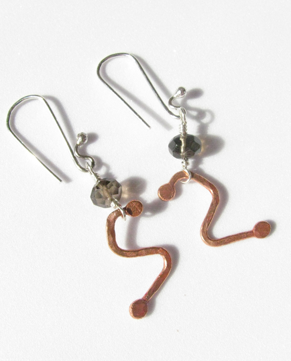 Smoky Topaz, Sterling Silver and Copper Earrings