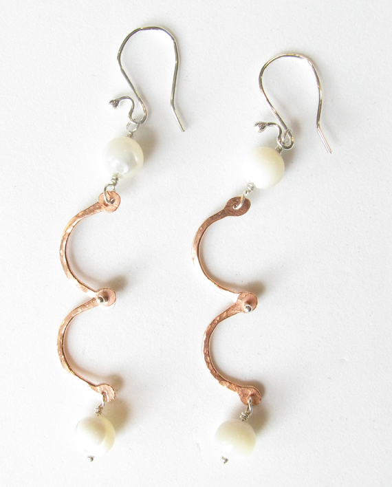 Mother of Pearl, Copper and Sterling Silver Hinged Earrings