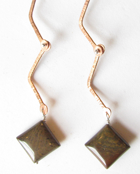 Grass Jasper, Copper and Sterling Silver Zig Zag Hinged Earrings