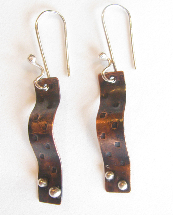Antiqued Copper and Sterling Silver Long Wave Earrings