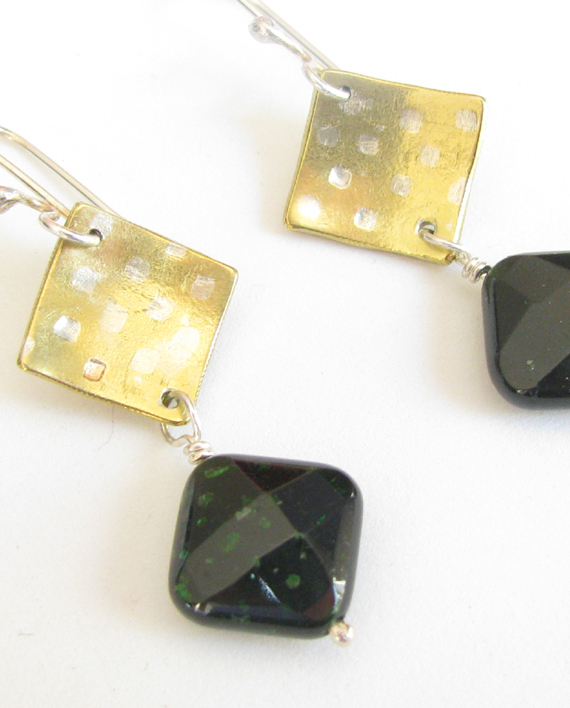 Green Goldstone, Brass and Sterling Silver Marriage-of-Metals Earrings