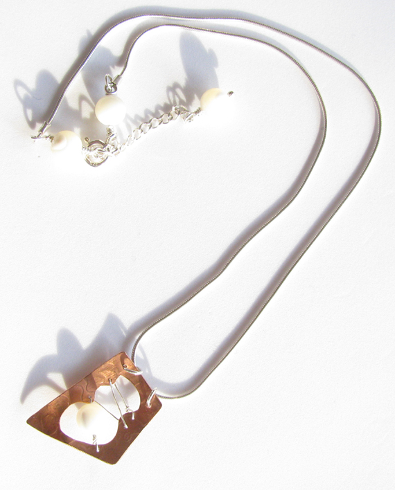 Etched and Stitched Copper, Sterling Silver and Mother of Pearl Necklace