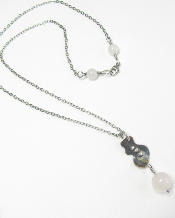 Etched and Antiqued Copper, Sterling Silver, and Rose Quartz Necklace