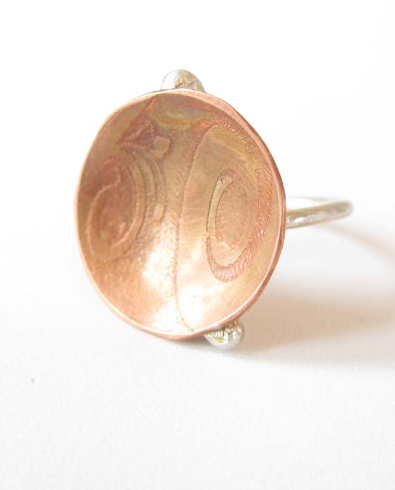 Etched Domed Copper & Sterling Silver Ring