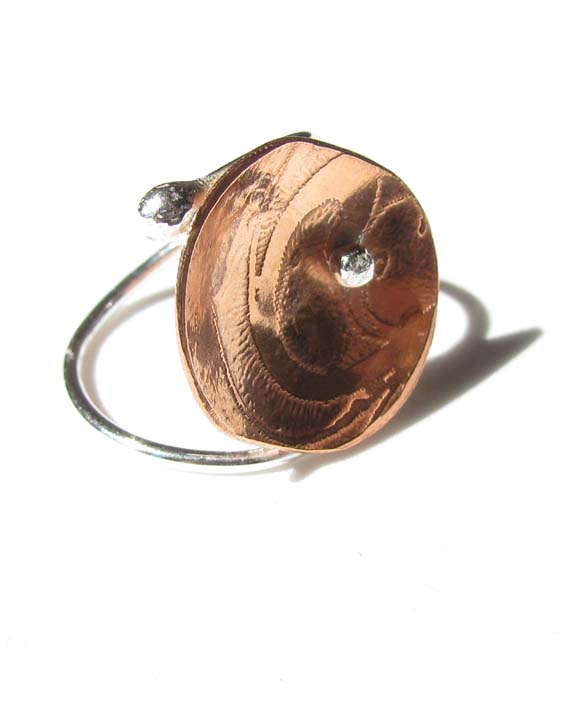 Etched Copper & Sterling Silver Ring with Offset Ball