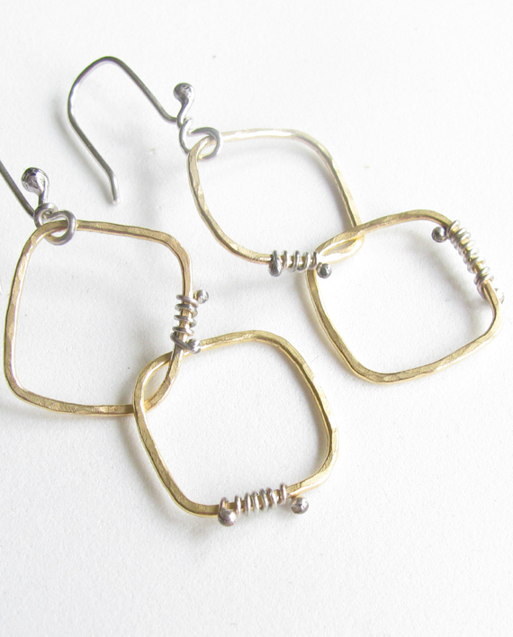 Brass and Sterling Silver Double Diamond Wrap Earrings