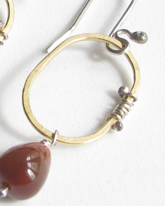 Brass, Sterling Silver and Carnelian Oval Wrap Earrings