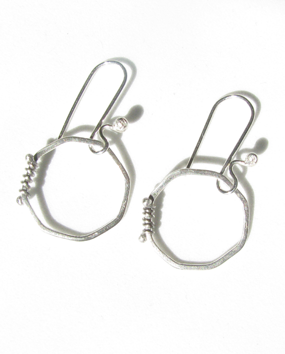 Sterling Silver and Antiqued Sterling Silver Wire Wrap Octagon Earrings