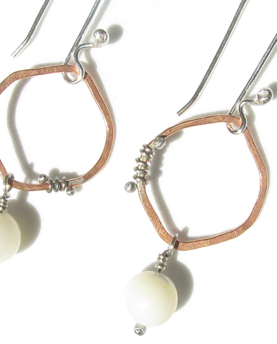 Copper, Sterling Silver and Mother of Pearl Oval Wrap Earrings