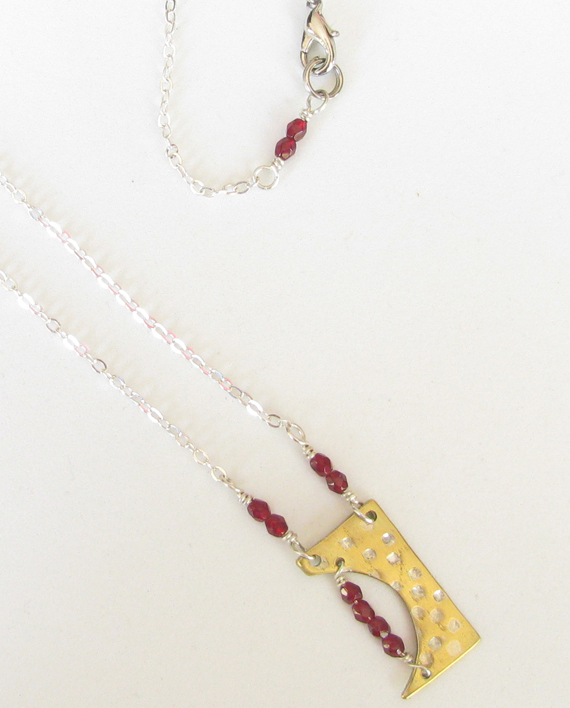 Red Czechoslovakian Glass, Brass and Sterling Silver Marriage-of-Metals Long Necklace
