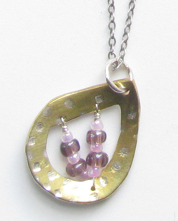 Sterling Silver, Brass and Glass Stitched Teardrop Necklace