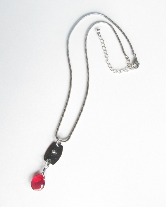 Antiqued Copper, Sterling Silver and Red Czechoslovakian Glass Teardrop Necklace