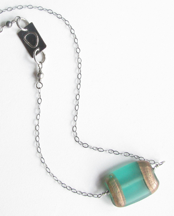 Vintage Glass, Sterling Silver and Antiqued Copper Rectangle Asymmetrical Necklace