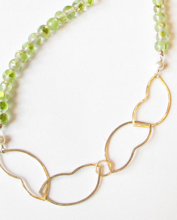 Vintage Glass, Glass Pearl, Brass and Gold-Filled Asymmetrical Wavy Leaf Necklace