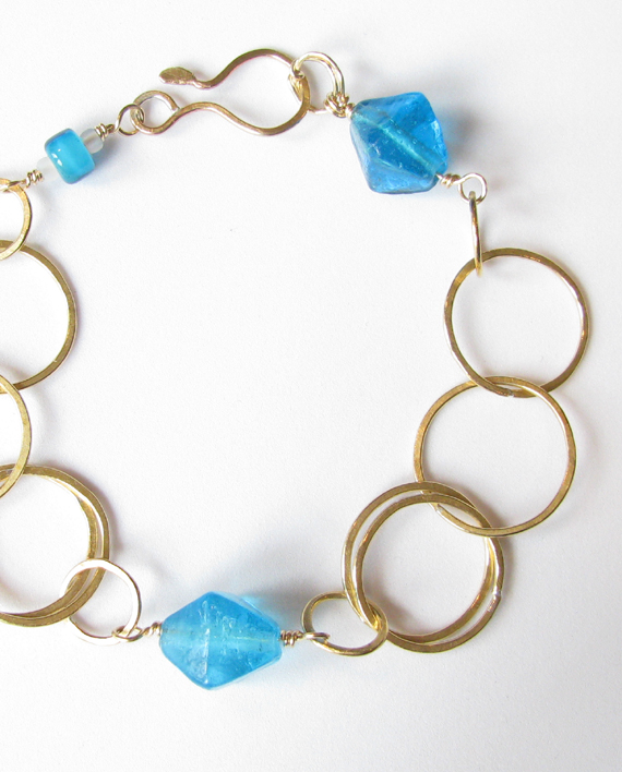 Brass, Vintage Glass, and Gold-Filled Chain Bracelet