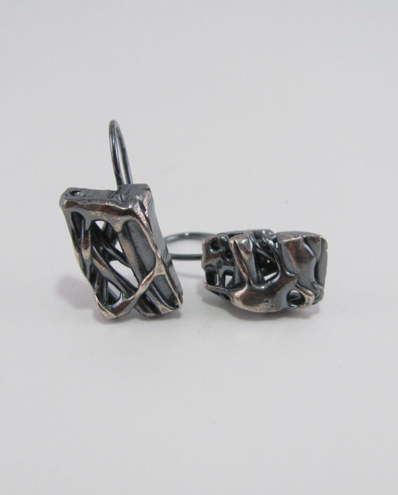 Abstract Antiqued Layered Sterling Silver Cast Drop Earrings – Rectangles